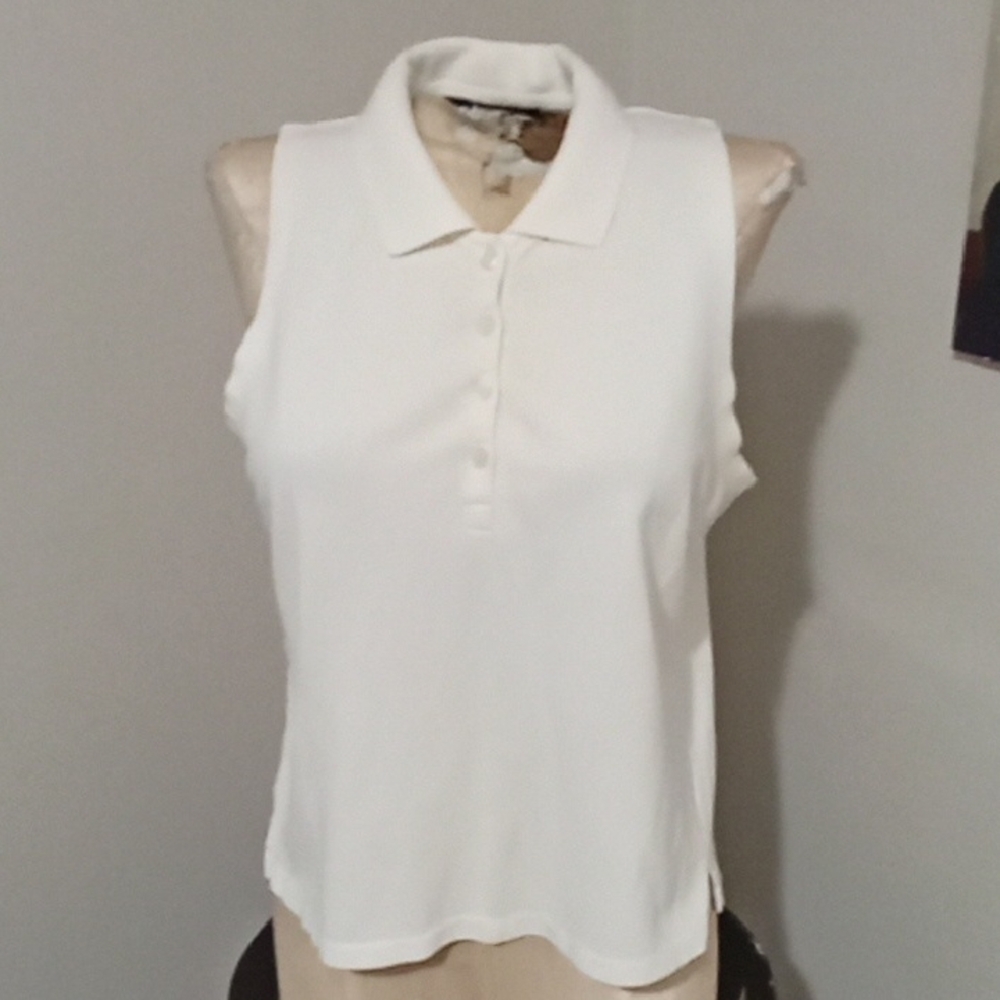 Boston Proper White Sleeveless Polo Blouse